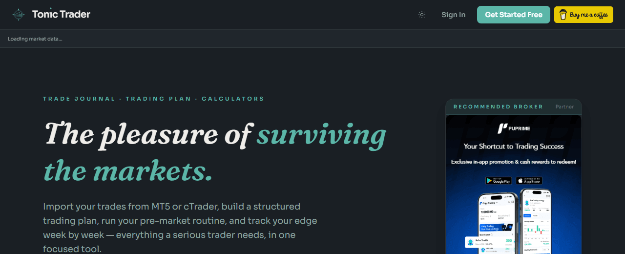 Tonic Trader homepage screenshot